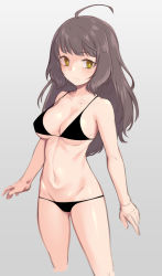 Rule 34 | 1girl, absurdres, alternate hair length, alternate hairstyle, bikini, black bikini, blunt bangs, breasts, brown hair, cleavage, closed mouth, cropped legs, grey background, highres, kantai collection, kishinami (kancolle), long hair, medium breasts, no pupils, simple background, sketch, solo, swimsuit, yellow eyes, yuki to hana