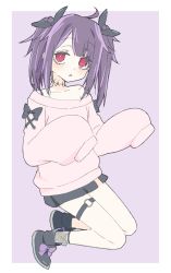 Rule 34 | 1girl, absurdres, bad id, bad twitter id, bare shoulders, black bow, black footwear, black skirt, bow, bright pupils, copyright request, donguri suzume, footwear bow, full body, grey sweater, hair bow, highres, legband, long sleeves, looking at viewer, off shoulder, parted lips, purple background, purple bow, purple hair, red eyes, shoes, simple background, skirt, sleeves past fingers, sleeves past wrists, solo, sweater, thigh strap, twintails, virtual youtuber, zombie