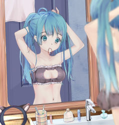 Rule 34 | 1girl, adjusting hair, ahoge, amm, aqua hair, armpits, arms up, blurry, bra, breasts, cat cutout, cleavage cutout, clothing cutout, depth of field, green eyes, hatsune miku, long hair, meme attire, mirror, mouth hold, navel, reflection, sink, small breasts, solo, toothbrush, twintails, underwear, vocaloid