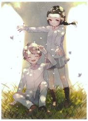 Rule 34 | 1boy, 1girl, arm up, black hair, blush, boots, braid, brown footwear, brown hair, bug, butterfly, closed mouth, collar, collared shirt, commentary request, day, closed eyes, facing viewer, forehead, freckles, full body, grass, highres, bug, isabella (yakusoku no neverland), laughing, leather, leather boots, leslie (yakusoku no neverland), long hair, long sleeves, looking at another, neck tattoo, number tattoo, open mouth, outdoors, purple eyes, shadow, shichi (kotoneco0711), shirt, shoelaces, shoes, sidelocks, single braid, sitting, skirt, smile, standing, sunlight, tattoo, tree, white shirt, white skirt, yakusoku no neverland, aged down