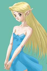 Rule 34 | 1girl, bare shoulders, blonde hair, blue dress, brown hair, dress, earrings, elf, female focus, flat chest, jewelry, long hair, own hands together, pointy ears, rasukaru, simple background, solo, strapless, strapless dress
