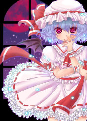 1girl bat_wings blue_hair blush female_focus full_moon hat light_red_cherry moon night red_eyes red_moon remilia_scarlet short_hair solo touhou usubeni_sakurako wings