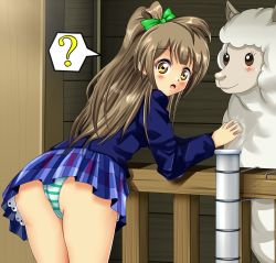 Rule 34 | 10s, 1girl, ?, alpaca, ass, blush, bow, brown eyes, brown hair, cameltoe, from behind, hair bow, highres, long hair, looking at viewer, love live!, love live! school idol project, minami kotori, open mouth, panties, school uniform, shiguko, side ponytail, skirt, striped clothes, striped panties, underwear, upskirt