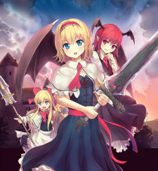 Rule 34 | &gt;:d, &gt;:o, 2girls, :d, :o, alice margatroid, blonde hair, blue eyes, breasts, building, capelet, castle, cleavage, cross, culter, demon wings, dress, eyelashes, grin, hairband, head wings, koakuma, large wings, long hair, looking at viewer, multiple girls, neck ribbon, necktie, open mouth, outdoors, pointy ears, polearm, red eyes, red hair, ribbon, round teeth, shanghai doll, short hair, skirt, skirt set, small breasts, smile, sword, teeth, touhou, tree, v-shaped eyebrows, vest, weapon, wings