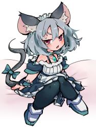 Rule 34 | 1girl, alternate costume, animal ear fluff, animal ears, apron, bare shoulders, black dress, black pantyhose, blush, bow, breasts, commentary request, dress, enmaided, frilled cuffs, frills, full body, grey hair, highres, jewelry, looking at viewer, maid, maid apron, maid headdress, medium hair, mouse ears, mouse girl, mouse tail, nazrin, off-shoulder shirt, off shoulder, pantyhose, pendant, pendant choker, puffy short sleeves, puffy sleeves, shirt, short sleeves, sitting, socks, solo, sweatdrop, tail, tail bow, tail ornament, touhou, waist apron, white apron, white socks, wrist cuffs, yoshiyuki (14330975)