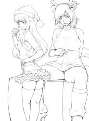 Rule 34 | 2girls, ass, bare shoulders, bobblehat, box, breasts, christmas, greyscale, hairu, large breasts, layered skirt, miniskirt, monochrome, multiple girls, pom pom (clothes), sitting, skirt, standing, sweater vest, thighhighs, white background, zettai ryouiki
