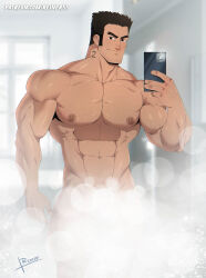 Rule 34 | 1boy, absurdres, bara, beard stubble, black hair, cellphone, completely nude, convenient censoring, facial hair, flexing pectorals, hand hair, highres, holding, holding phone, large pectorals, looking at phone, lucas lee, male focus, muscular, muscular male, nude, pectorals, phone, reiner55, scott pilgrim (series), scott pilgrim takes off, selfie, short hair, smartphone, smile, solo, sparse chest hair, steam, steam censor, stubble, taking picture, thick eyebrows, v-taper