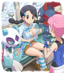Rule 34 | 2girls, absurdres, bandaid, bandaid on arm, bikini, black hair, blue ribbon, breasts, brown footwear, candice (pokemon), closed mouth, clothes around waist, clothes lift, commentary request, creatures (company), eye contact, eyelashes, fingerless gloves, froslass, game freak, gen 1 pokemon, gen 4 pokemon, gloves, grey eyes, hair ornament, hands up, highres, jynx, large breasts, looking at another, loose socks, magazine (object), maylene (pokemon), multiple girls, nintendo, open clothes, open mouth, open shirt, pants, pink hair, pokemoa, pokemon, pokemon (creature), pokemon dppt, ribbon, shirt, shoes, sitting, skirt, skirt lift, sleeveless, small breasts, smile, snover, snow, snowball, socks, sparkle, striped bikini, striped clothes, striped legwear, striped socks, sweater, sweater around waist, swimsuit, tongue, tree, twintails, weavile, white shirt, window