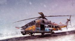 Rule 34 | aircraft, bad id, bad pixiv id, building, cannon, helicopter, mi-24, military base, no humans, original, rocket, snow, snowing, yu-kun