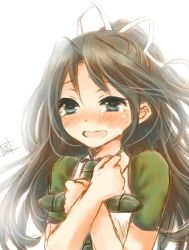 Rule 34 | 10s, 1girl, black hair, blue eyes, crying, crying with eyes open, japanese clothes, kantai collection, katsuragi (kancolle), long hair, looking away, hugging object, ponytail, r (shioaji), solo, tears