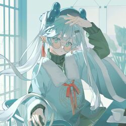 Rule 34 | 1girl, chair, chinese clothes, closed mouth, cup, duijin ruqun, earrings, fur trim, glasses, green eyes, hair ornament, hairclip, hanfu, hat, highres, indoors, jacket, jewelry, long hair, long sleeves, looking at viewer, mo tang, necklace, plant, pointy ears, ribbon, round eyewear, sitting, solo, sweater, tassel, tinted eyewear, turtleneck, twintails, white hair, window