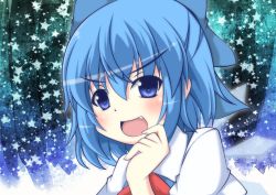 Rule 34 | 1girl, blue eyes, blue hair, blush, bow, cirno, fang, hair bow, ice, ice wings, masiromu, matching hair/eyes, open mouth, solo, star (symbol), touhou, wings