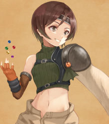 Rule 34 | 1girl, armor, bare shoulders, blush, breasts, brown background, brown gloves, brown hair, brown shorts, commentary, contrapposto, cowboy shot, final fantasy, final fantasy vii, fingerless gloves, fishnets, gloves, green eyes, grin, headband, light blush, looking afar, materia, midriff, navel, open fly, purea, ribbed sweater, short hair, shorts, sleeveless, sleeveless turtleneck, small breasts, smile, solo, sweater, tossing, turtleneck, yuffie kisaragi