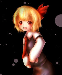 Rule 34 | 1girl, amano jack, bad id, bad pixiv id, black background, blonde hair, darkness, embodiment of scarlet devil, fang, female focus, highres, rumia, smile, solo, standing, touhou
