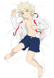 Rule 34 | 10s, 1boy, barefoot, blonde hair, child, feet, gunslinger stratos, highres, looking at viewer, male focus, navel, nipples, open clothes, red eyes, remy odhner, shirt, shorts, solo, yamamiya hiroshi