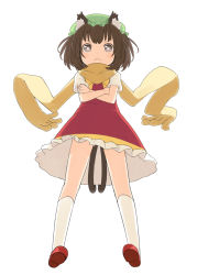 Rule 34 | 1girl, :&lt;, animal ears, blush, brown eyes, brown hair, cat ears, cat girl, cat tail, chen, crossed arms, female focus, gunbuster pose, hat, looking at viewer, multiple tails, nakashino setsu, scarf, short hair, simple background, socks, solo, tail, touhou, white background