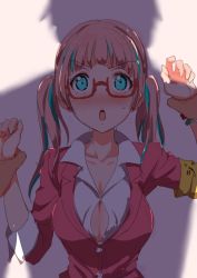 Rule 34 | 1boy, 1girl, aqua eyes, aqua hair, armband, blush, breasts, clearite, cleavage, glasses, holding another&#039;s wrist, large breasts, long hair, looking at viewer, multicolored hair, open mouth, pink hair, restrained, rokusaki coney, shadow, solo focus, sweatdrop, tokyo 7th sisters