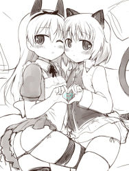 Rule 34 | 2girls, eila ilmatar juutilainen, greyscale, heart, heart hands, heart hands duo, lowres, monochrome, multiple girls, null (nyanpyoun), sanya v. litvyak, strike witches, world witches series
