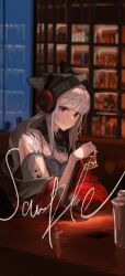 Rule 34 | 1girl, alcohol, animal ears, arknights, beanie, black hat, closed mouth, commentary request, cup, fox ears, fox girl, frostleaf (arknights), grey hair, grey shirt, hat, headphones, highres, holding, holding cup, implied extra ears, indoors, jacket, kasumi yuzuha, long hair, long sleeves, looking at viewer, material growth, off-shoulder shirt, off shoulder, oripathy lesion (arknights), red eyes, red jacket, shirt, sidelocks, signature, single bare shoulder, smile, solo, table, wide sleeves