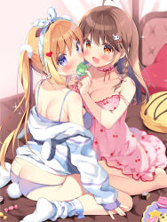 Rule 34 | 2girls, :d, ass, bare shoulders, barefoot, blonde hair, blush, bra, braid, breasts, brown eyes, brown hair, butt crack, candy wrapper, cleavage, collarbone, commentary, commentary request, dress, feeding, floral background, food, frilled dress, frills, green background, hair between eyes, heart, holding, holding food, long hair, looking at viewer, looking back, macaron, medium breasts, multiple girls, off shoulder, on bed, open mouth, original, pan (mimi), panties, pillow, pink dress, purple bra, purple eyes, purple panties, rabbit tail, shirt, single braid, sitting, smile, sock pull, socks, strap slip, striped clothes, striped legwear, striped socks, tail, twintails, underwear, very long hair, wariza, white legwear, white shirt