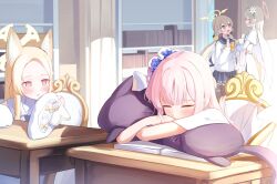 Rule 34 | 4girls, angel wings, animal ears, blonde hair, blue archive, brown eyes, daran9, halo, hifumi (blue archive), highres, hugging object, long hair, low wings, mika (blue archive), multiple girls, nagisa (blue archive), open mouth, pillow, pillow hug, pink hair, profile, seia (blue archive), skirt, sleeves past wrists, smile, wings