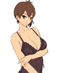 Rule 34 | 10s, 1girl, bare shoulders, breast hold, breasts, brown eyes, brown hair, chyko7080, cleavage, kaga (kancolle), kantai collection, large breasts, lingerie, negligee, side ponytail, simple background, solo, underwear, upper body, white background