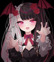 Rule 34 | 1girl, :d, ahoge, black background, black dress, black hair, blush, bow, claw pose, dress, fang, flower, grey hair, hair flower, hair ornament, hands up, head wings, kei-chan (ultimatekeichan), long hair, long sleeves, looking at viewer, multicolored hair, nijisanji, open mouth, red bow, red eyes, red flower, red hair, red rose, red wings, rose, simple background, smile, solo, split-color hair, streaked hair, twintails, two-tone hair, upper body, virtual youtuber, wings, yorumi rena, yorumi rena (4th costume)