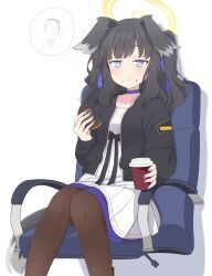 Rule 34 | 1girl, alternate costume, animal ears, black hair, black jacket, black ribbon, blue archive, blue eyes, brown pantyhose, chair, coffee cup, collar, collarbone, cup, disposable cup, dog ears, doughnut, dress, eating, food, halo, hibiki (blue archive), highres, hoshino ouka, jacket, long sleeves, official alternate costume, pantyhose, purple collar, ribbon, sitting, solo, tail, thighhighs, twintails, white background, white dress