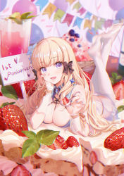 Rule 34 | 1girl, absurdres, artist request, bare shoulders, blonde hair, blue eyes, blunt bangs, bow, breasts, cake, cleavage, cream, dress, elf, feet, feet up, flower, food, fruit, hair bow, hair flower, hair ornament, highres, huge filesize, incoming food, looking at viewer, no shoes, open mouth, pointy ears, princess connect!, saren (princess connect!), skirt, smile, soles, solo, strawberry, white legwear