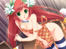 Rule 34 | 1girl, apron, breasts, cleavage, curtains, flower, game cg, green eyes, indoors, ladle, large breasts, long hair, naked apron, no bra, no panties, open mouth, red hair, solo, thighhighs