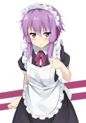Rule 34 | 1girl, alternate costume, apron, arm at side, black dress, blush, center frills, collared dress, commentary request, dress, enmaided, frilled apron, frills, hair between eyes, hair ribbon, hand up, kohakope, long hair, looking at viewer, maid, maid apron, maid headdress, neck ribbon, parted lips, puffy short sleeves, puffy sleeves, purple eyes, purple hair, purple ribbon, ribbon, short sleeves, sidelocks, solo, v-shaped eyebrows, vocaloid, voiceroid, white apron, white background, yuzuki yukari