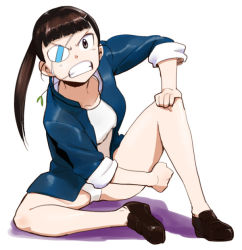 Rule 34 | 1girl, angry, aoba (smartbeat), black hair, brown eyes, clenched teeth, eyepatch, hand on own knee, jacket, mouth hold, no pants, no socks, one-piece swimsuit, ponytail, sakamoto mio, school swimsuit, scowl, shoes, sitting, sleeves rolled up, snarl, solo, stalk in mouth, strike witches, swimsuit, swimsuit under clothes, teeth, white school swimsuit, white one-piece swimsuit, world witches series