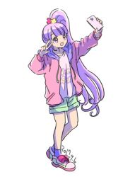 Rule 34 | 1girl, :d, arm up, blunt bangs, commentary request, dated, full body, green shorts, hand up, holding, holding phone, hood, hood down, hooded jacket, jacket, long hair, long sleeves, manaka non, open clothes, open jacket, open mouth, outstretched arm, phone, pink jacket, pretty series, pripara, purple eyes, purple hair, rituyama1, selfie, shirt, shoes, short shorts, shorts, side ponytail, simple background, smile, sneakers, socks, solo, standing, taking picture, very long hair, w over eye, white background, white shirt