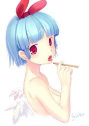 Rule 34 | 1girl, blue hair, blush, bob cut, bow, breasts, cleavage, disgaea, face, hair bow, nippon ichi, nude, original, pleinair, popsicle stick, red eyes, short hair, simple background, solo, tongue, tongue out, wings, yadamon (neverland)