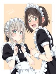 Rule 34 | 1boy, 1girl, absurdres, ahoge, alternate costume, apron, beige background, black dress, black ribbon, blush, border, brown eyes, brown hair, chili-tomato (gekikaraya), commentary request, dated, dress, embarrassed, enmaided, fate (series), frilled apron, frills, gray (fate), green eyes, grey hair, hair ribbon, hands up, highres, looking at viewer, lord el-melloi ii case files, maid, maid headdress, open mouth, puffy short sleeves, puffy sleeves, ribbon, short hair, short sleeves, upper body, waist apron, waver velvet, white apron, white border
