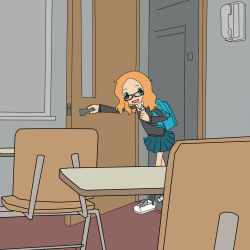 Rule 34 | 1girl, backpack, bag, blonde hair, blue eyes, child, classroom, female focus, freckles, glasses, highres, hotelblue, indoors, madeline (hotelblue), open mouth, original, skirt, solo, sweater