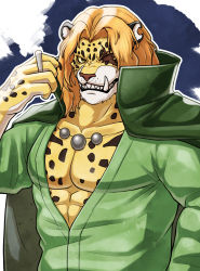 Rule 34 | 1boy, absurdres, blonde hair, cigarette, coat, coat on shoulders, furry, furry male, highres, holding, holding cigarette, karasuki, looking at viewer, male focus, muscular, muscular male, notched ear, one piece, panther boy, panther ears, partially unbuttoned, pectoral cleavage, pectorals, pekoms, scar, scar across eye, short hair, solo, tusks