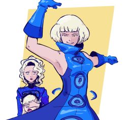 Rule 34 | 3girls, arm up, armpits, blonde hair, blue dress, blue gloves, breasts, closed mouth, collared dress, covering another&#039;s eyes, dancing, dress, elizabeth (persona), gloves, hairband, lavenza (persona 5), looking at another, looking at viewer, margaret (persona), multiple girls, open mouth, plow (witch parfait), popped collar, red lips, sleeveless, sleeveless dress, smile, white hair, yellow background, yellow eyes
