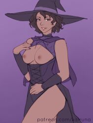 Rule 34 | 1girl, black hair, breasts, breasts out, hat, kalruna, medium breasts, original, purple nails, thighs, witch hat