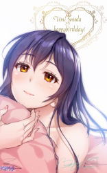 1girl, artist name, artist request, bare shoulders, birthday, blue hair, blush, breasts, female focus, hair between eyes, hair over shoulder, happy birthday, heart, heart print, highres, holding, holding pillow, long hair, looking at viewer, love live!, love live! school idol project, nail, nail polish, parted lips, pillow, pink nail polish, pink nails, smile, solo, sonoda umi, upper body, white background, yellow eyes