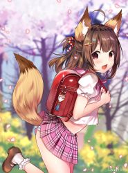 Rule 34 | 1girl, :d, animal ear fluff, animal ears, artist name, backpack, bag, blurry, blurry background, blush, brown footwear, brown hair, clothes lift, commentary request, day, fang, fox ears, fox tail, frilled socks, frills, from side, highres, lifted by tail, long hair, no pupils, open mouth, original, outdoors, panties, petals, pink sailor collar, pink skirt, pleated skirt, puffy short sleeves, puffy sleeves, purple eyes, randoseru, sailor collar, school uniform, serafuku, shirt, shoes, short sleeves, skirt, skirt lift, smile, socks, solo, standing, standing on one leg, striped clothes, striped panties, tail, tree, underwear, usagihime, white shirt, white socks