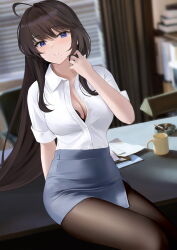 Rule 34 | 1girl, absurdres, ahoge, arm support, ashtray, black pantyhose, blue eyes, blue skirt, breasts, brown hair, cigarette, cleavage, collared shirt, commission, cup, desk, hand up, highres, large breasts, long hair, mole, mole under mouth, mug, office, on desk, open clothes, open shirt, original, pantyhose, parted lips, pencil skirt, preview (preview0), second-party source, shirt, side slit, sitting, on desk, skirt, solo, very long hair, white shirt