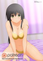 Rule 34 | 1girl, angry, bed sheet, black hair, closed mouth, covered erect nipples, highres, kotegawa yui, lingerie, spread legs, strap slip, to love-ru, to love-ru darkness, underwear, yellow eyes, zel-sama