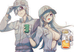 Rule 34 | 10s, 1boy, 1girl, adjusting clothes, adjusting headwear, baseball cap, blush, breasts, cleavage, collared shirt, cowboy shot, cup, fingerless gloves, gloves, grey shirt, hair over one eye, hat, hataraku saibou, hataraku saibou black, large breasts, long hair, long sleeves, looking at another, midriff, name tag, no bra, open clothes, open mouth, open shirt, pants, pitcher (container), purple eyes, shirt, short hair, silversirius, simple background, spiked hair, sweat, teacup, u-0001, u-1146, u-1196, white background, white blood cell (hataraku saibou), white gloves, white hair, white hat