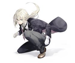 Rule 34 | 1boy, bedivere (fate), butler, fate/grand order, fate (series), formal, gloves, green eyes, hair between eyes, long hair, male focus, mujou (mjoysk), on one knee, silver hair, solo, suit, twitter username, white background, white gloves
