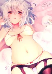 Rule 34 | 1girl, animal ears, blush, breasts, chita (ketchup), collarbone, fox ears, fox girl, fox tail, garter belt, garter straps, grey hair, groin, hair between eyes, highres, large breasts, lying, navel, on back, open mouth, original, red eyes, sidelocks, solo, stomach, tail, thighs, underboob