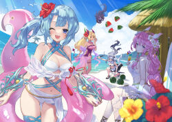 Rule 34 | 4girls, ahase hino, akashic chronicle, apron, beach, bikini, black hair, blonde hair, blue eyes, blue hair, braid, breasts, bridal garter, character request, cleavage, clothing cutout, cup, day, demon girl, demon horns, demon tail, drink, drinking glass, dual wielding, earrings, eyepatch, facial mark, flower, food, fruit, gauntlets, grey hair, hair flower, hair ornament, halterneck, head wreath, hibiscus, high heels, highres, holding, holding cup, holding drink, holding swim ring, holding sword, holding weapon, horns, inflatable flamingo, innertube, jewelry, large breasts, light rays, long hair, looking at viewer, maid, maid headdress, multicolored hair, multiple girls, navel, navel cutout, ocean, one-piece swimsuit, one eye closed, open mouth, outdoors, palm tree, pink hair, ponytail, red eyes, sand, sarong, see-through sarong, sitting, sky, smile, suikawari, sunlight, swim ring, swimsuit, sword, tail, thigh strap, tree, tree shade, tropical drink, two-tone hair, very long hair, waist apron, watermelon, weapon, whisker markings, wrist cuffs