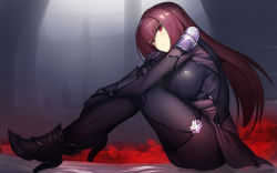 Rule 34 | 1girl, armor, bodysuit, breasts, closed mouth, commentary request, fate/grand order, fate (series), full body, high heels, highres, knees up, large breasts, long hair, looking at viewer, muunyan (yumenekoya), purple bodysuit, purple hair, red eyes, scathach (fate), shiny clothes, shoulder armor, shoulder pads, sitting, skin tight, solo
