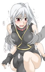 Rule 34 | 1girl, bare shoulders, blush, elf (stroll in the woods), fingerless gloves, fingernails, gloves, grey hair, groping, highres, long fingernails, lyrical nanoha, mahou shoujo lyrical nanoha strikers, red eyes, reinforce, single thighhigh, solo, sweat, tearing up, thighhighs, wavy mouth, white background