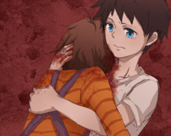 Rule 34 | 2boys, black hair, blood, blood on clothes, blood on face, blue eyes, brown hair, crying, death, flower, holding, hug, jewelry, mizuoka yuuichi, multiple boys, re:kinder, red background, ring, rose, shiro1991, shirt, short hair, spoilers, striped clothes, striped shirt, suspenders, takano shunsuke, tears, white flower, white rose, white shirt